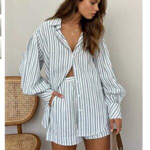 NWT Oversized Pockets Casual Shorts Set - Grey Stripe